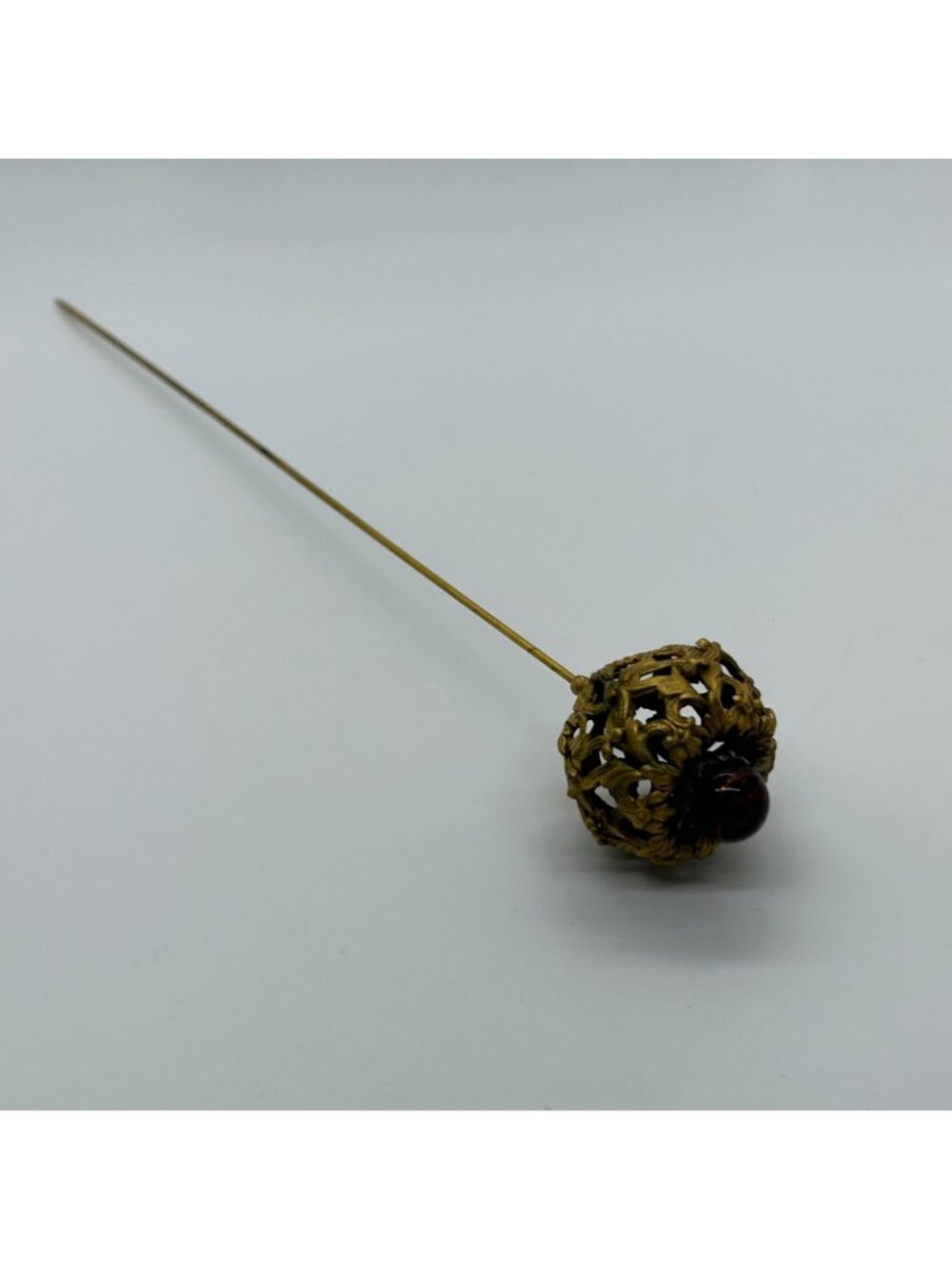 Antique Edwardian Hat Pin Gilded Brass Filigree Red Cabochon 1900s 9" READ - Picture 4 of 16